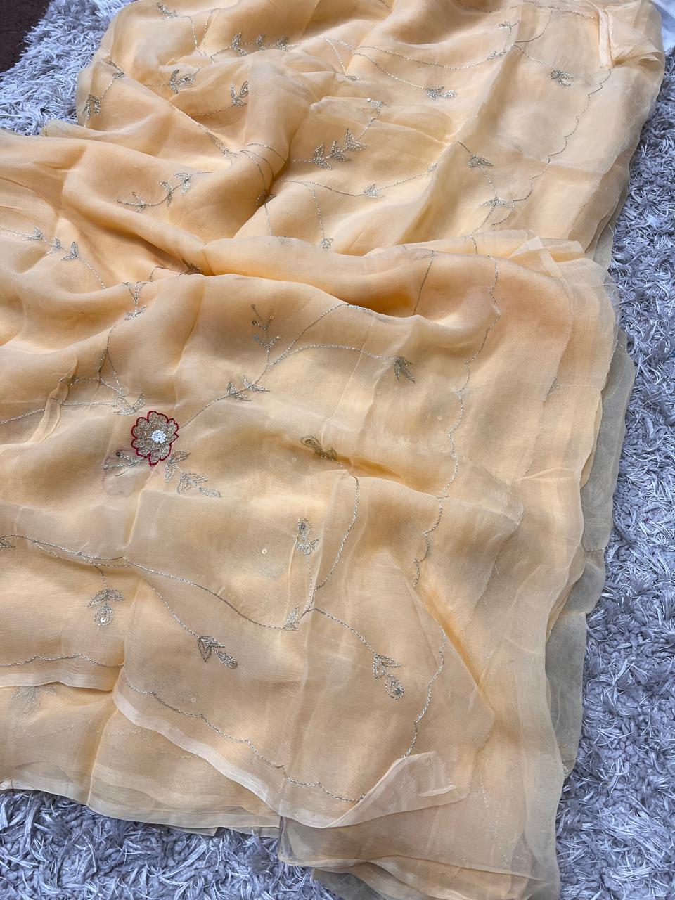 Pure Jaipuri Chiffon Jaal Work Saree With Beautiful Rajputi look and Running Blouse