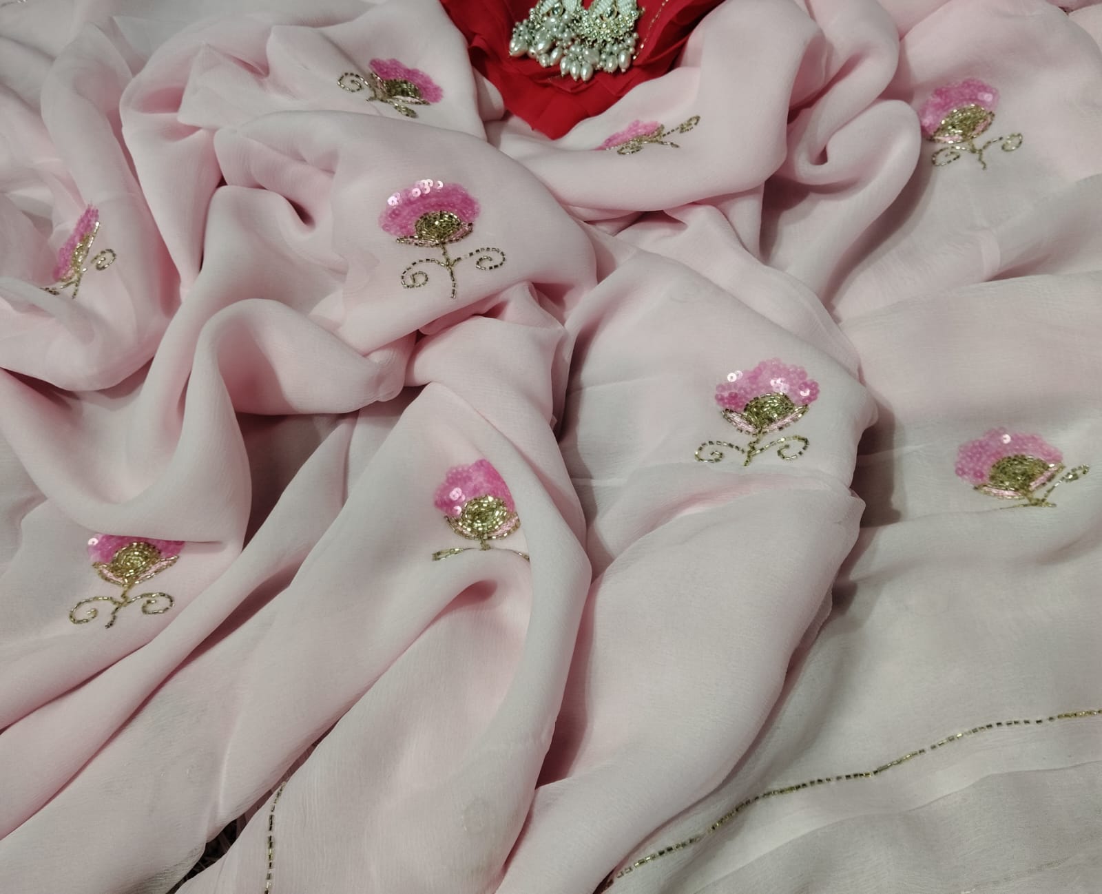 Baby pink Color Flower motif design pure jaipuri Chiffon Saree