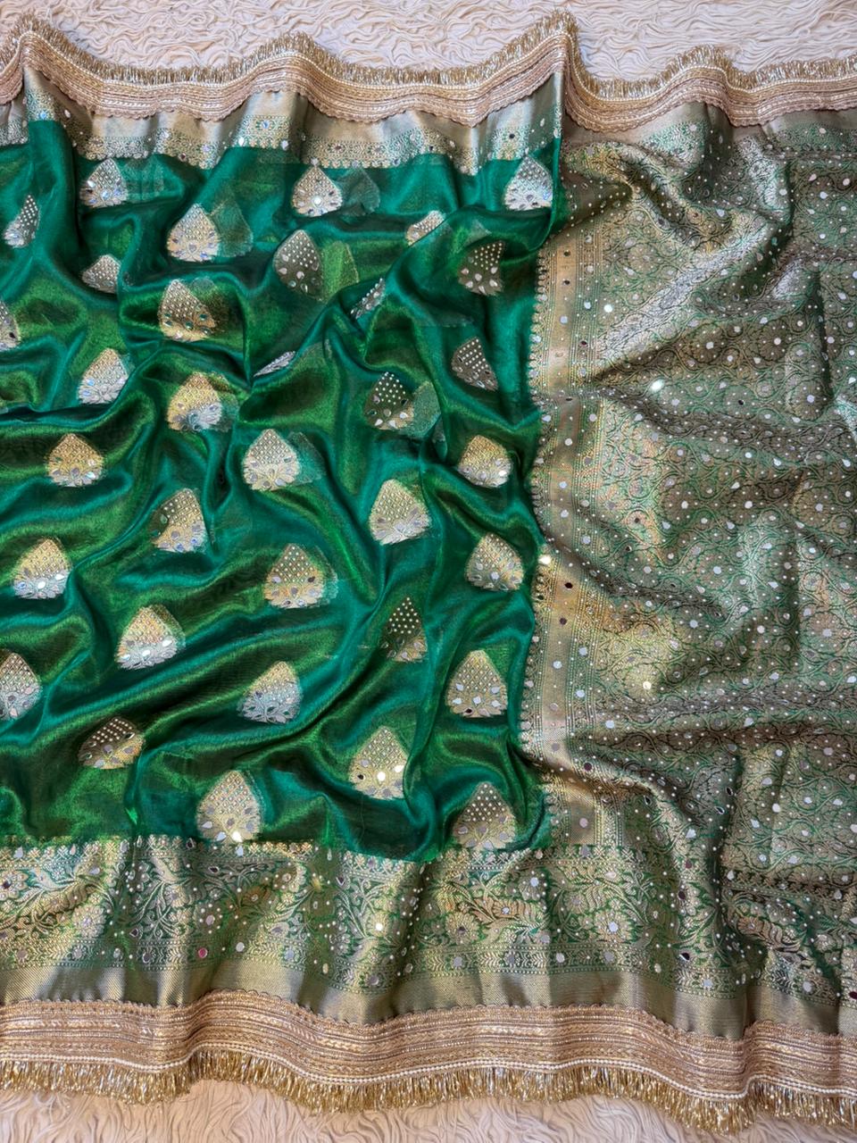 Banarasi Tissue Silk Saree With beautiful  borders with mirror  work