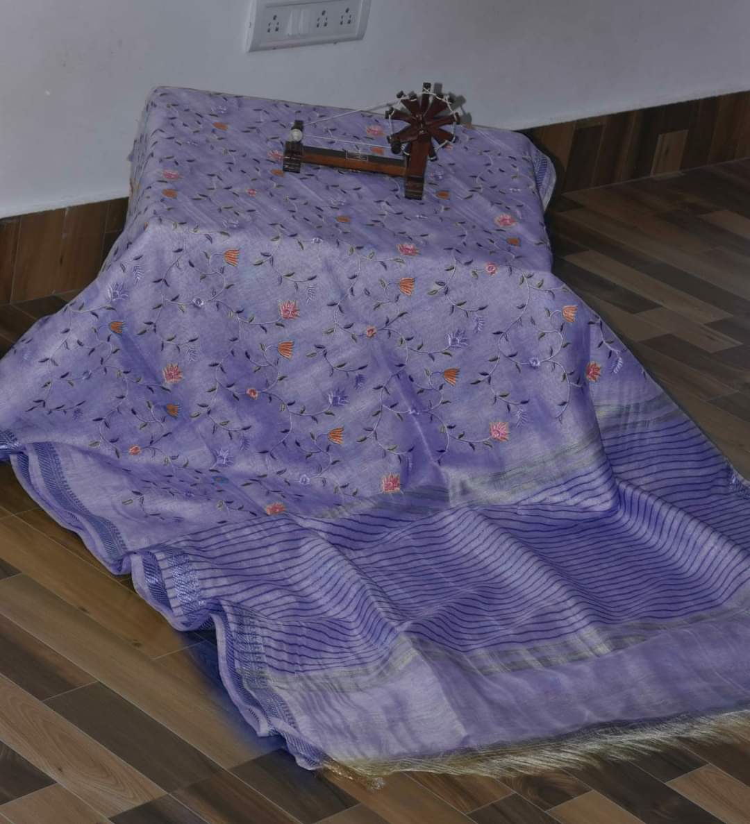 Pure Linen Silk Hand Embroidery Work Saree With Blouse