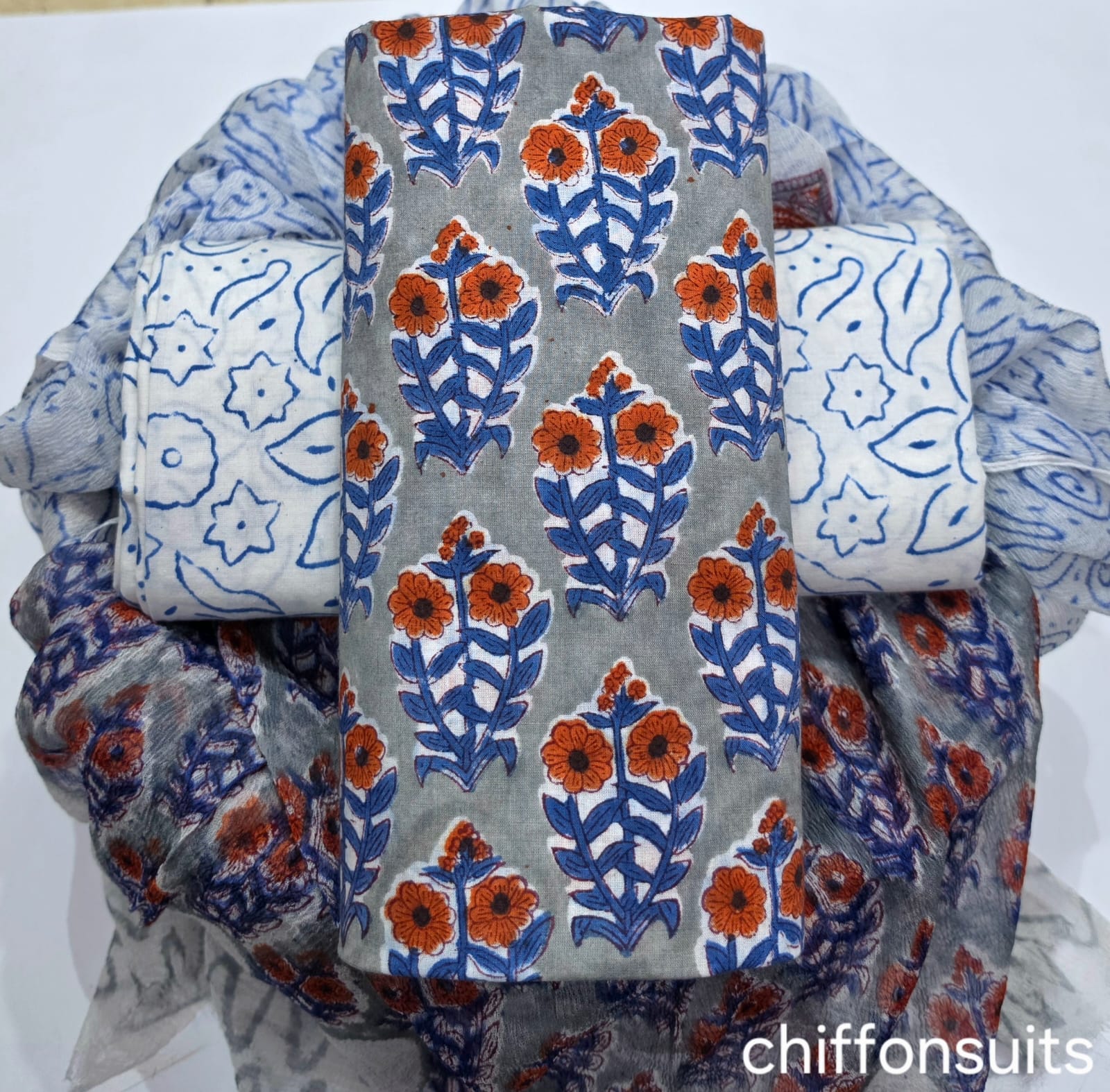 Pure cotton hand-block print suit with Chiffon dupatta