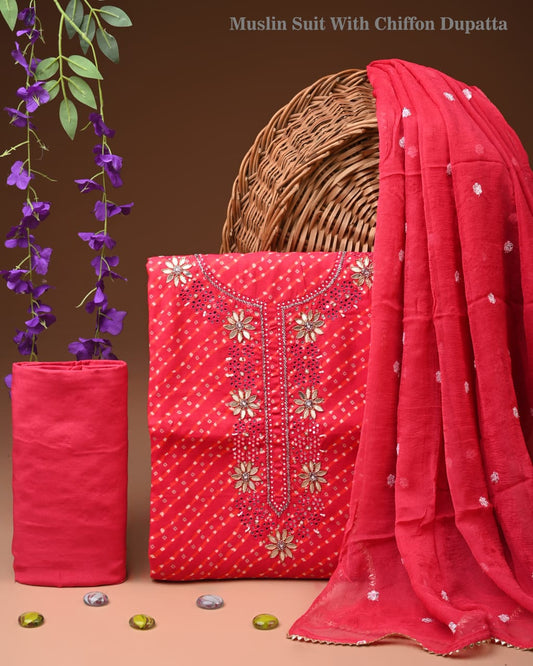 Designer gota patti hand work cotton  unstitched suit with chiffon   dupatta