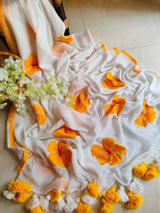 Beautiful Hand-Painted Mulmul Saree