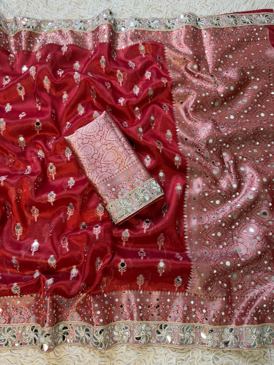 Banarasi Tissue Silk Saree With beautiful  borders with mirror  work