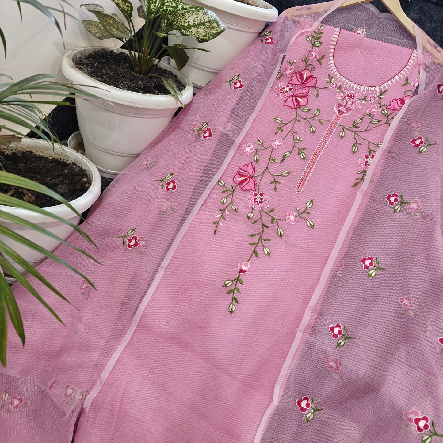 Kota Doria Embroidery work Unstitched Suit