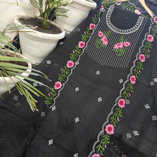 Pure Kota-Doria Unstitched Suit with Embroidery Work