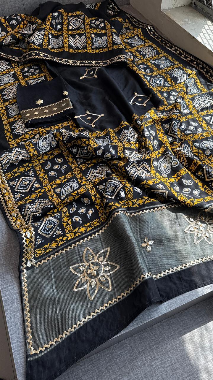 Pure Munga Silk Gotta Patti Work Saree With Blouse