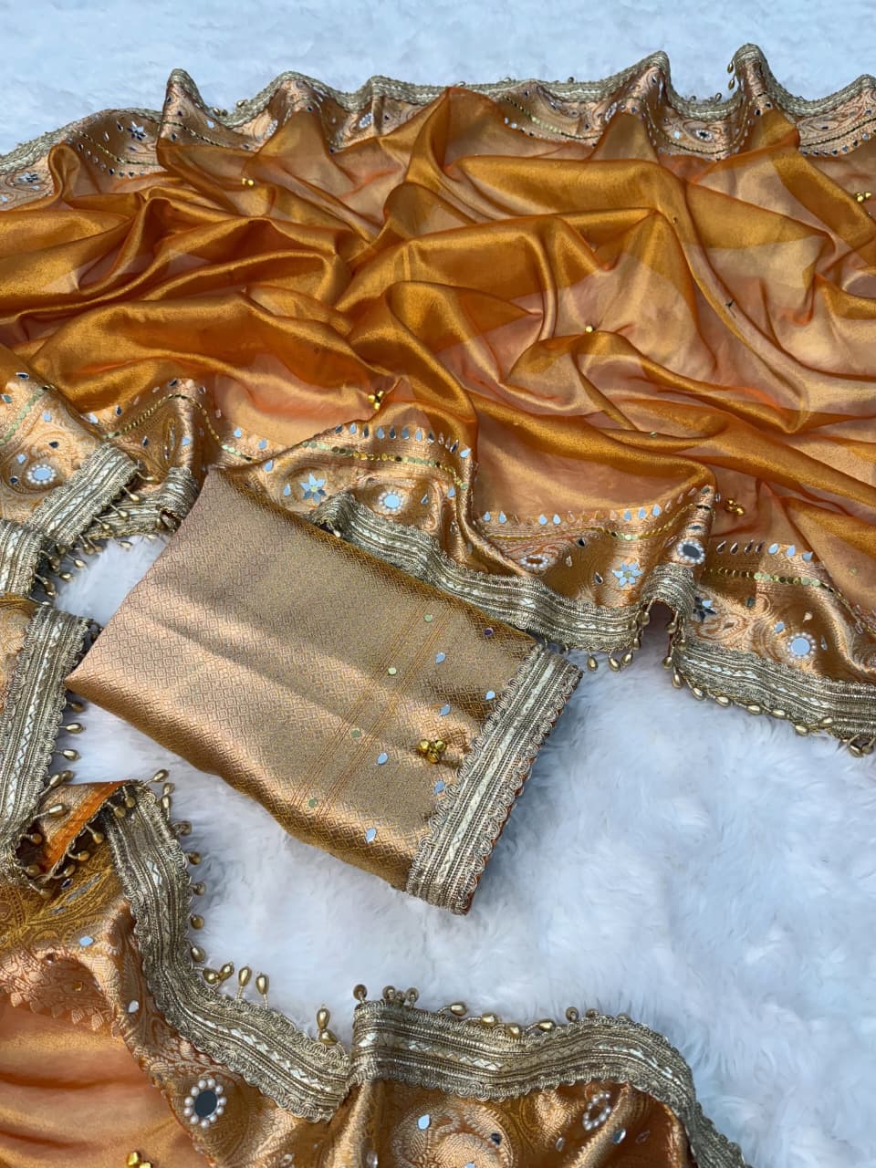 Premium Banarasi Tissue Zari Weaving Saree with Ghungroo Handwork Border