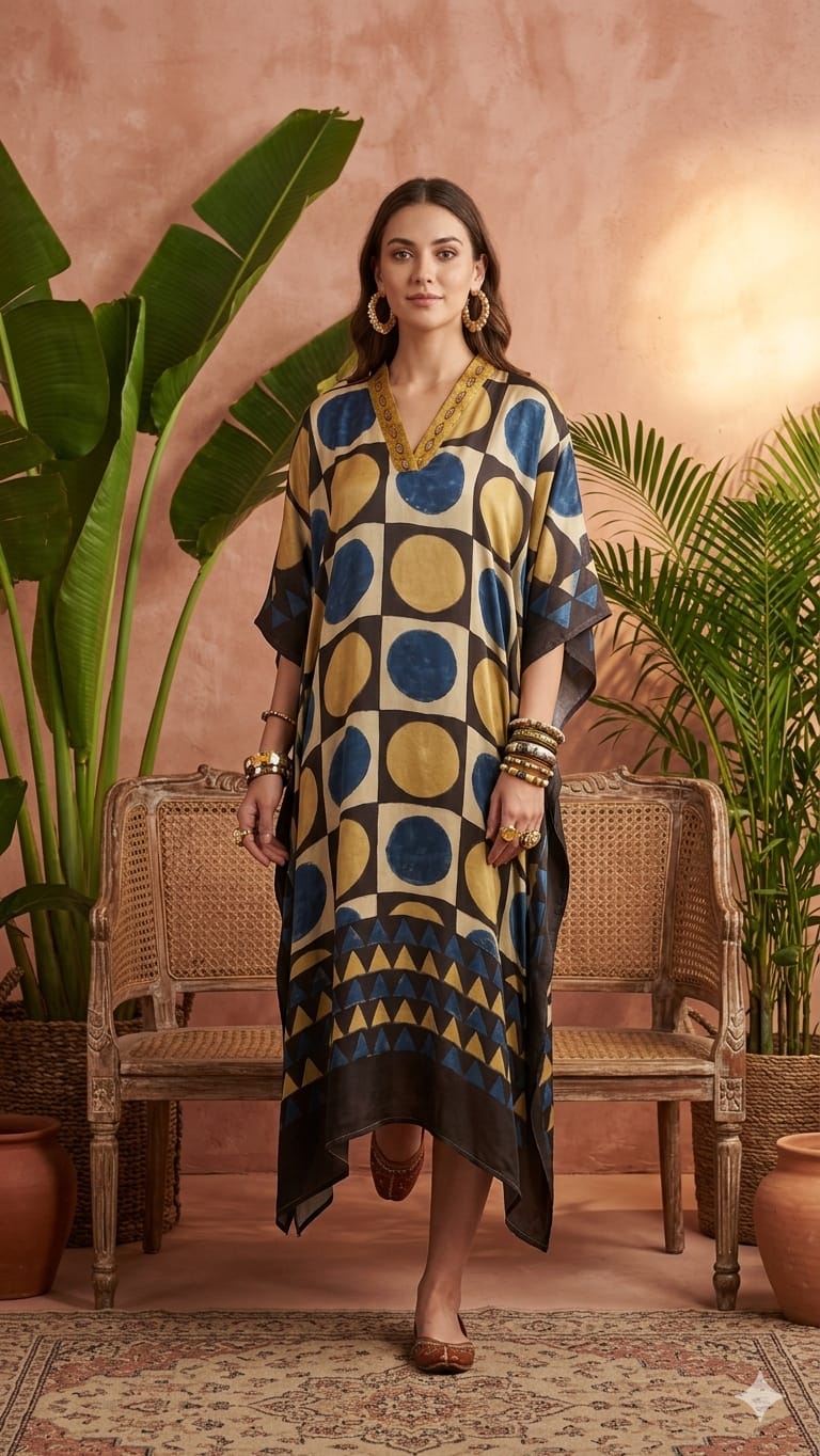 Pure Modal Silk Handblock Printed Kaftans Stitched suit With Hand Mirror Work