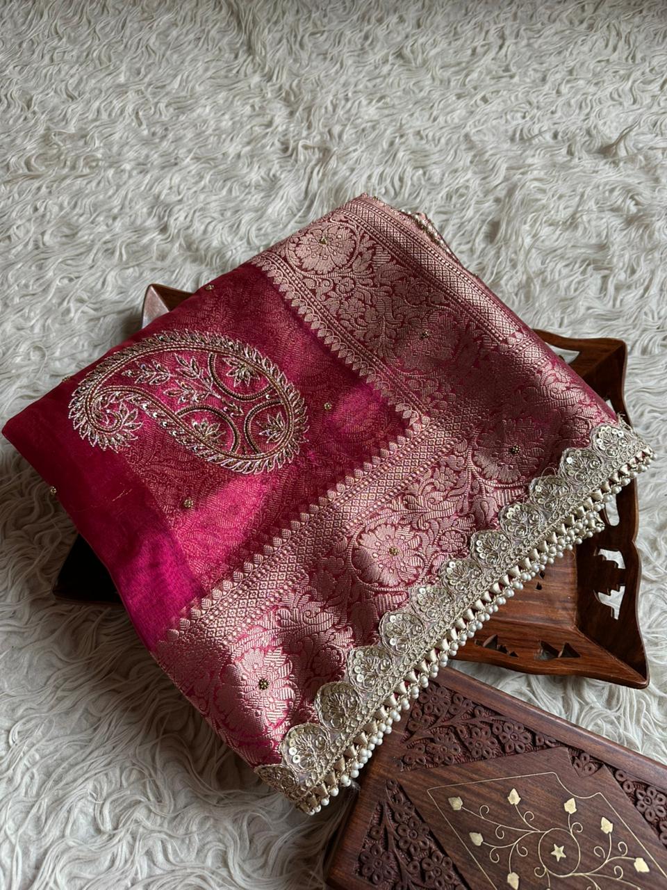 Banarasi Tissue Silk  Hand Work Saree With Heavy Blouse