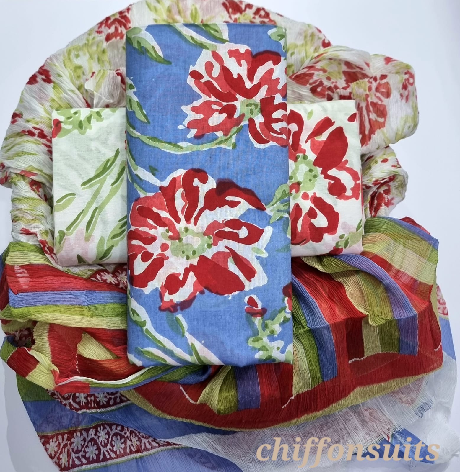 Pure cotton hand-block print suit with Chiffon dupatta