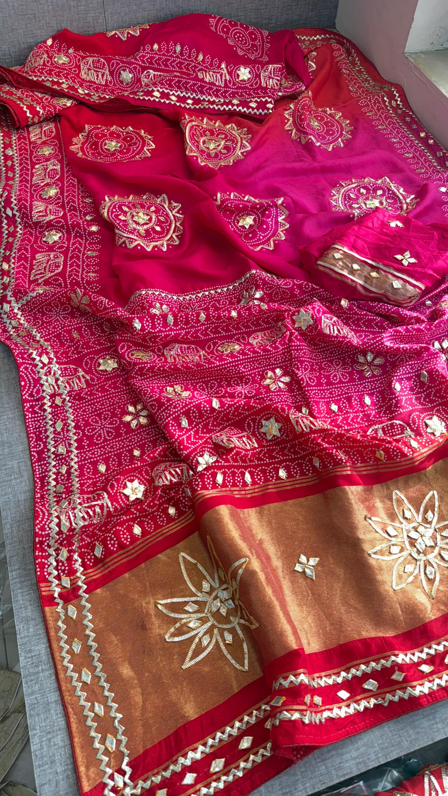 Pure Munga Silk Gotta Patti Work Saree With Blouse