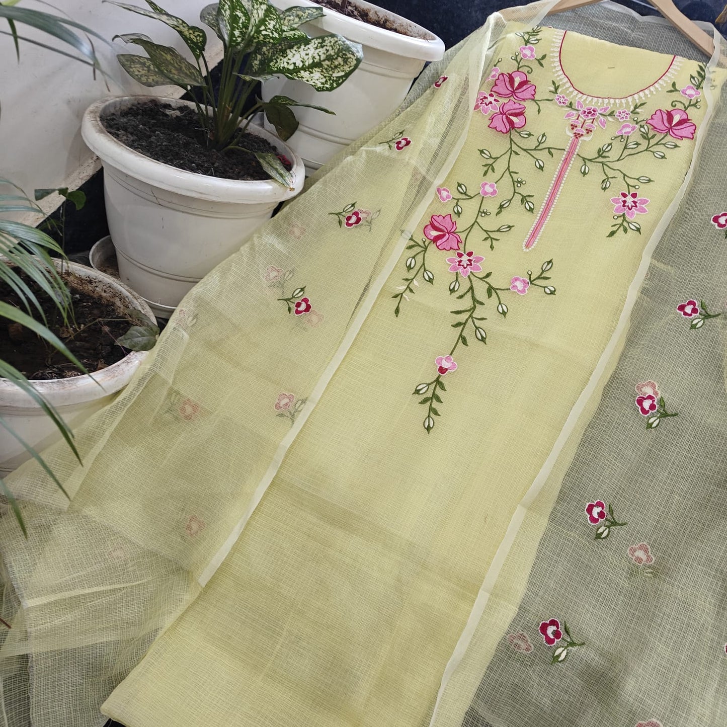 Kota Doria Embroidery work Unstitched Suit