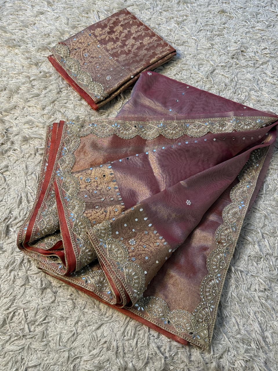 Elegant Tissue Mirror Work Saree with Designer Lace Border
