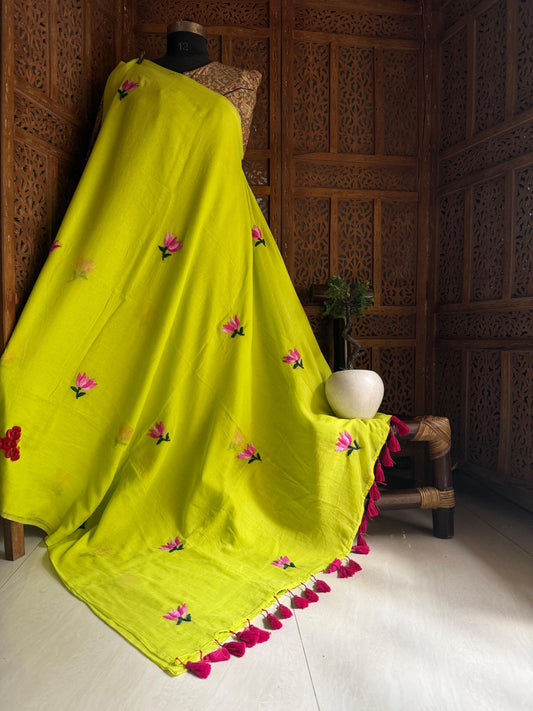 Fully handwork handstitch flower on pure handwoven mulmul