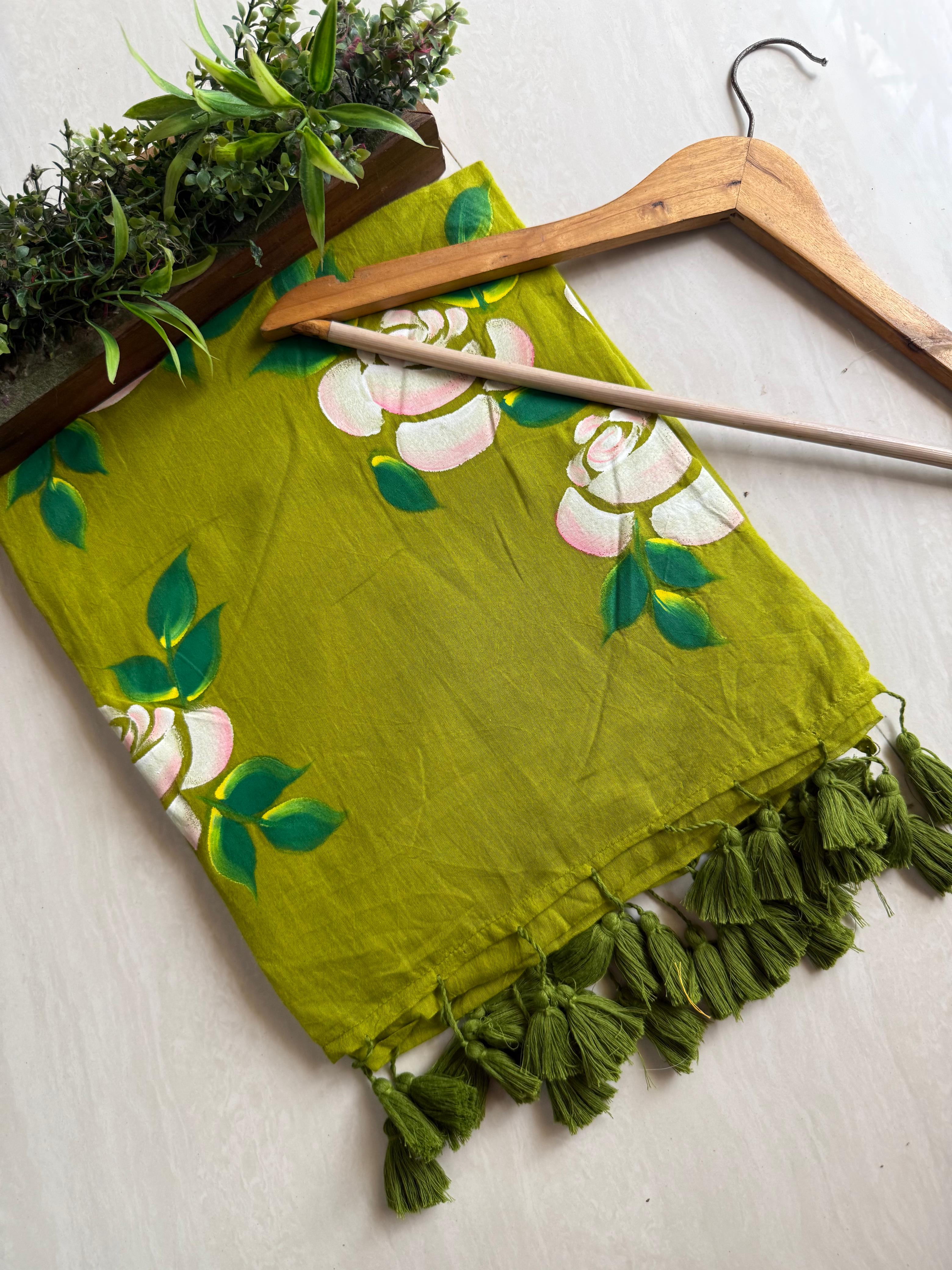Beautiful Mulmul   Cotton Flowers design Hand Painted Saree
