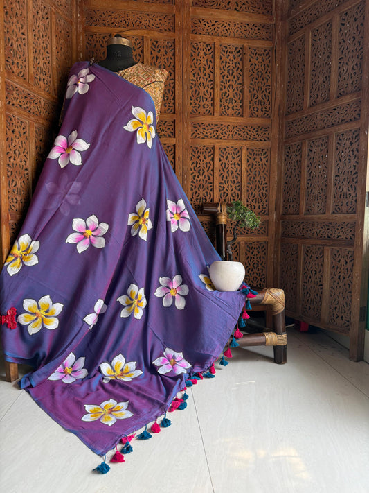 Beautiful Mulmul   Cotton Flowers design Hand Painted Saree
