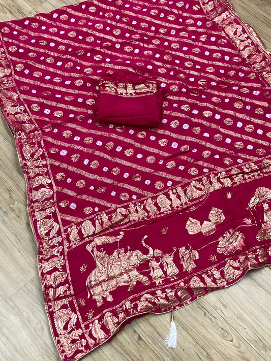 Pure Russian Silk Beautiful Bandhej Pattern Saree