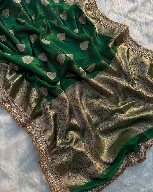 Banarasi Tissue Silk Saree with Lace Work border  Full body Zari Booti Weaving