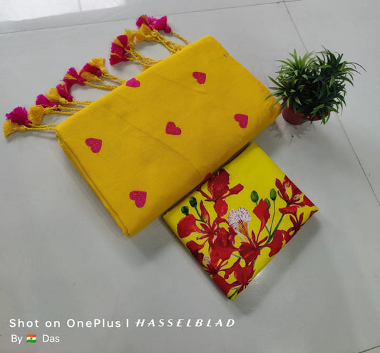 Beautiful Love Embroidery  Khaddi Cotton Saree