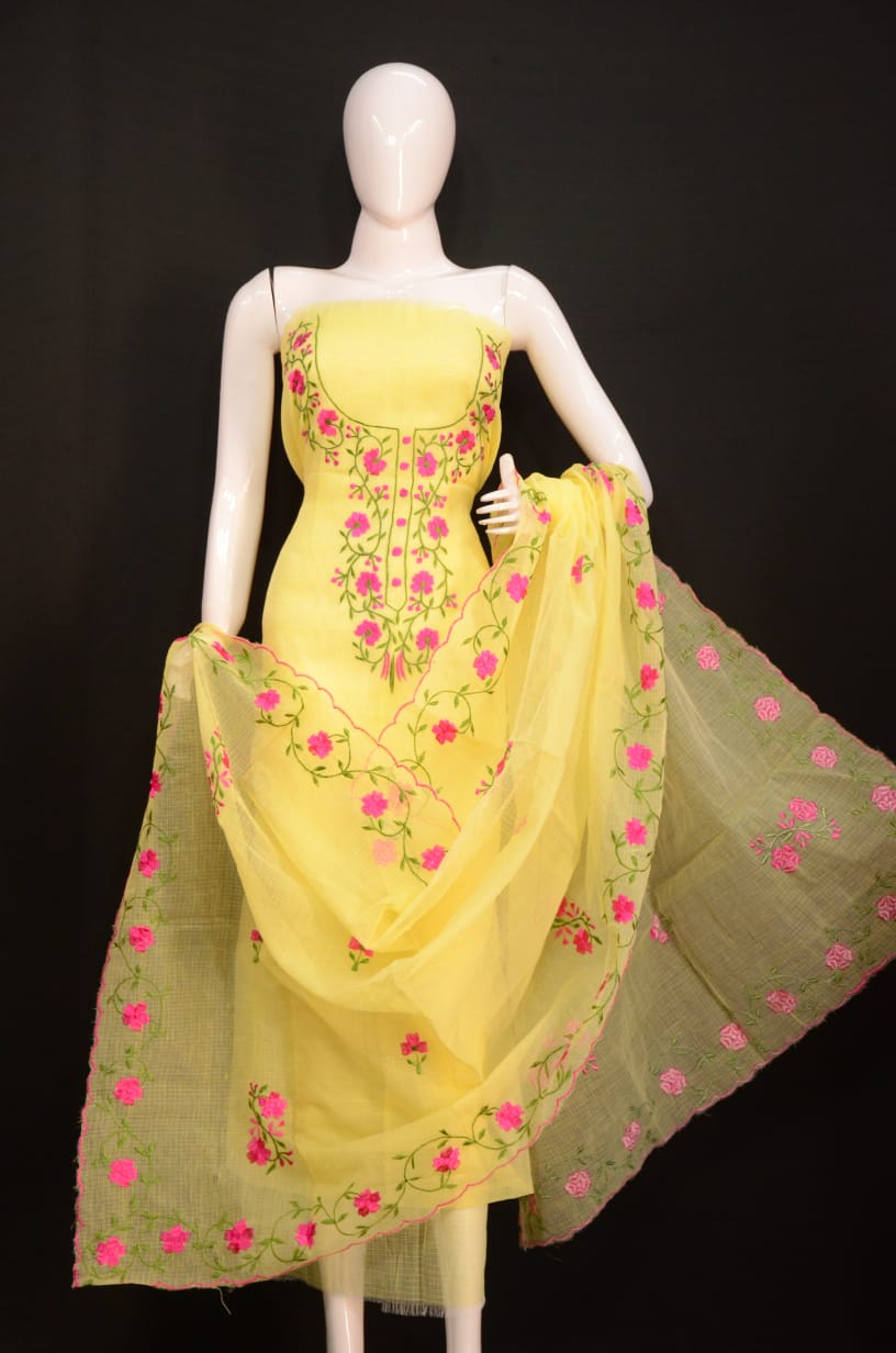 Pure Kota-Doria Unstitched Suit with Embroidery Work