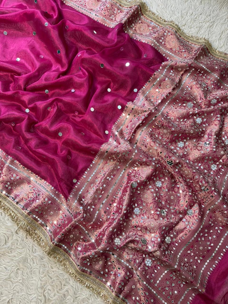 Banarasi Tissue Silk Saree With beautiful  borders with mirror  work