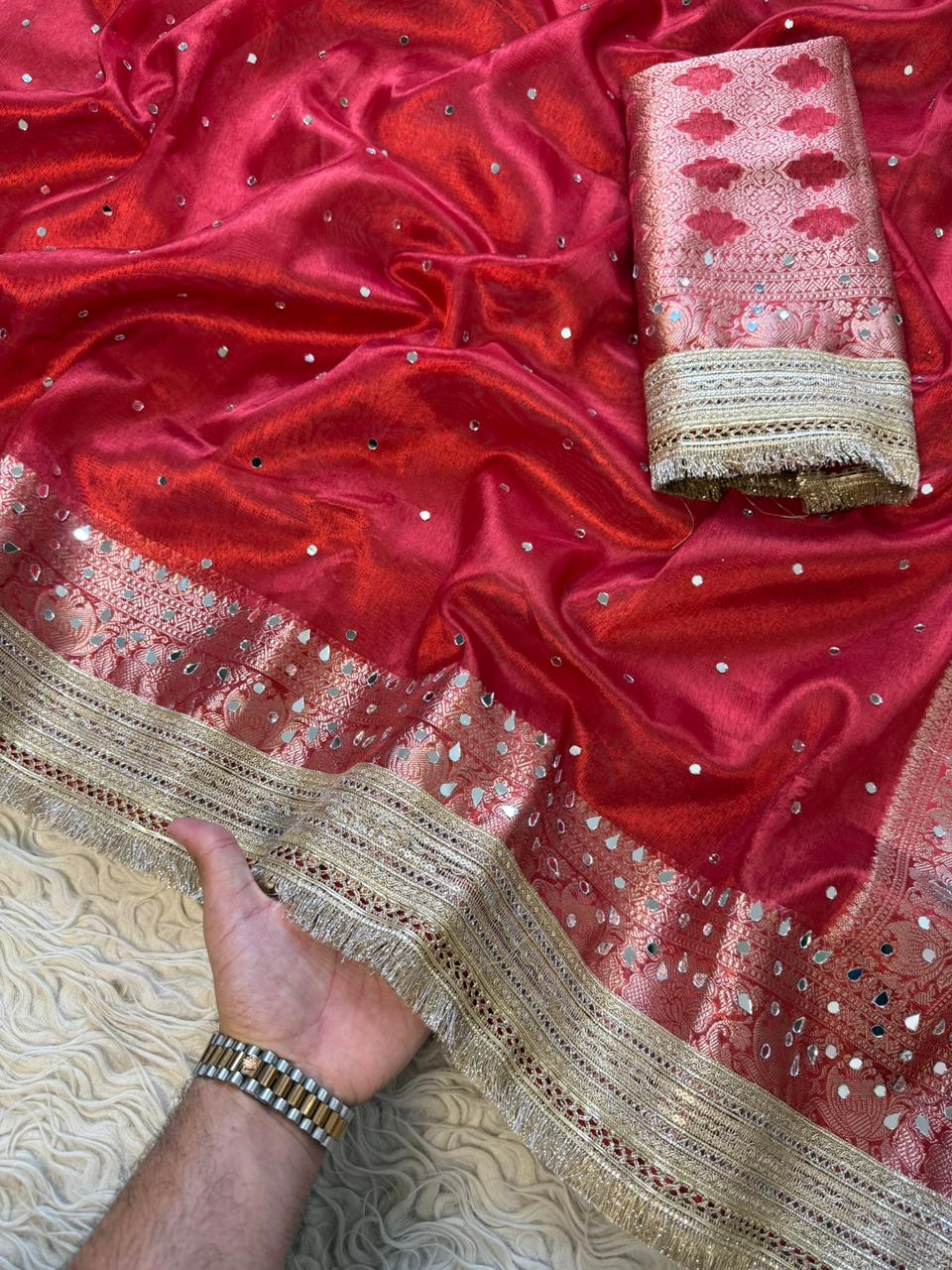 Banarasi Tissue Silk Saree With beautiful  borders with mirror  work