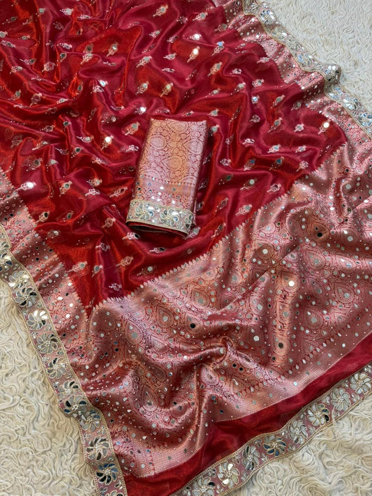 Banarasi Tissue Silk Saree With beautiful  borders with mirror  work
