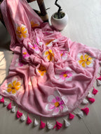 Beautiful Mulmul   Cotton Flowers design Hand Painted Saree