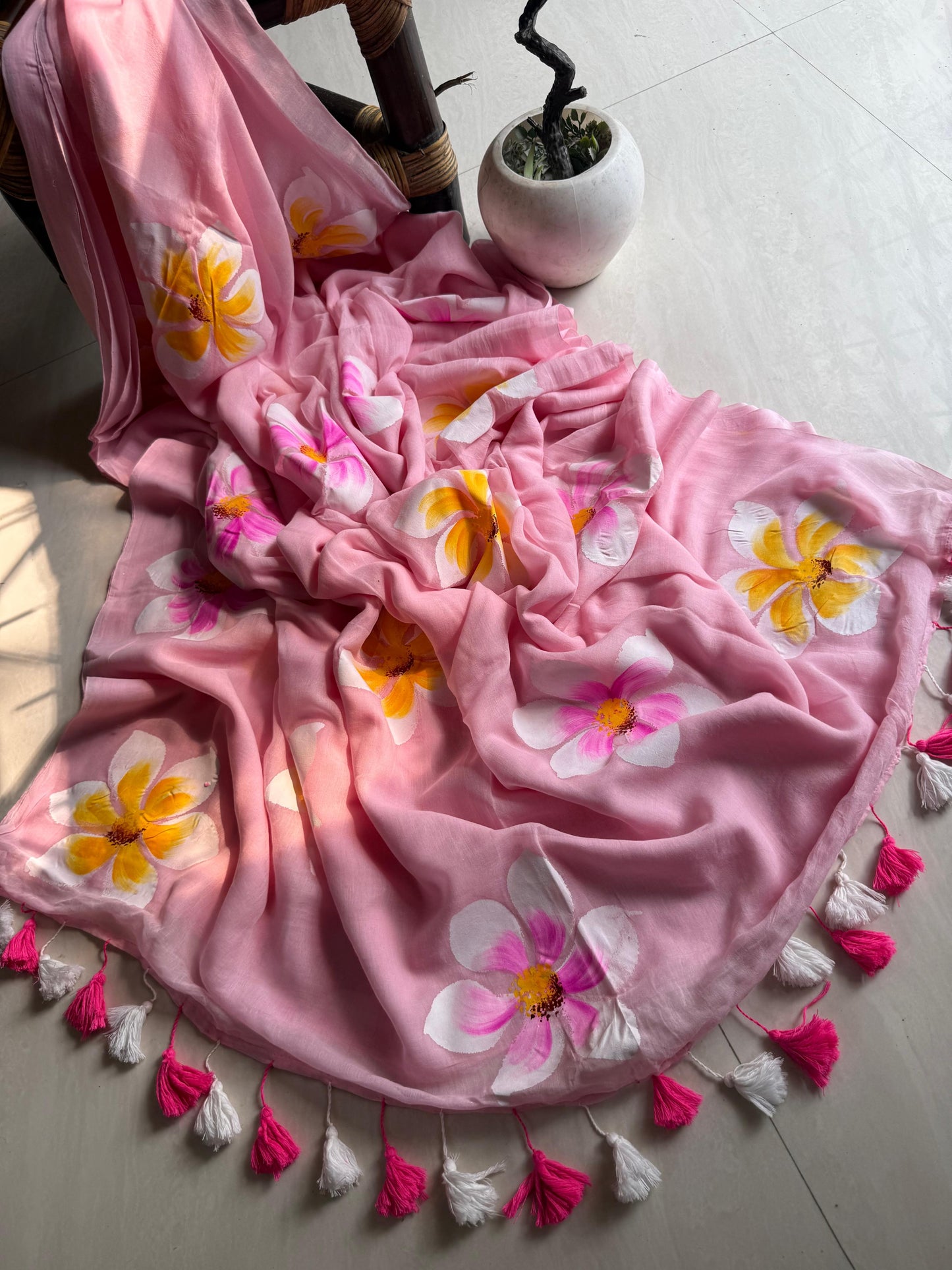 Beautiful Mulmul   Cotton Flowers design Hand Painted Saree