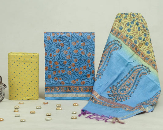 Hand Block Print Chanderi Silk Unstitched Suit