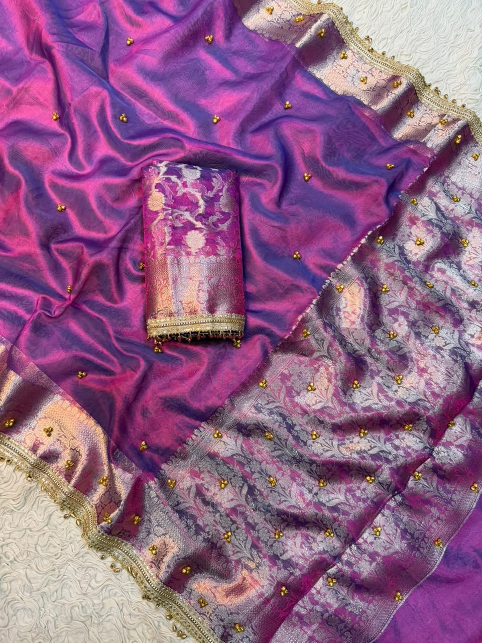 Premium Banarasi Tissue Zari Weaving Saree with Ghungroo Handwork Border