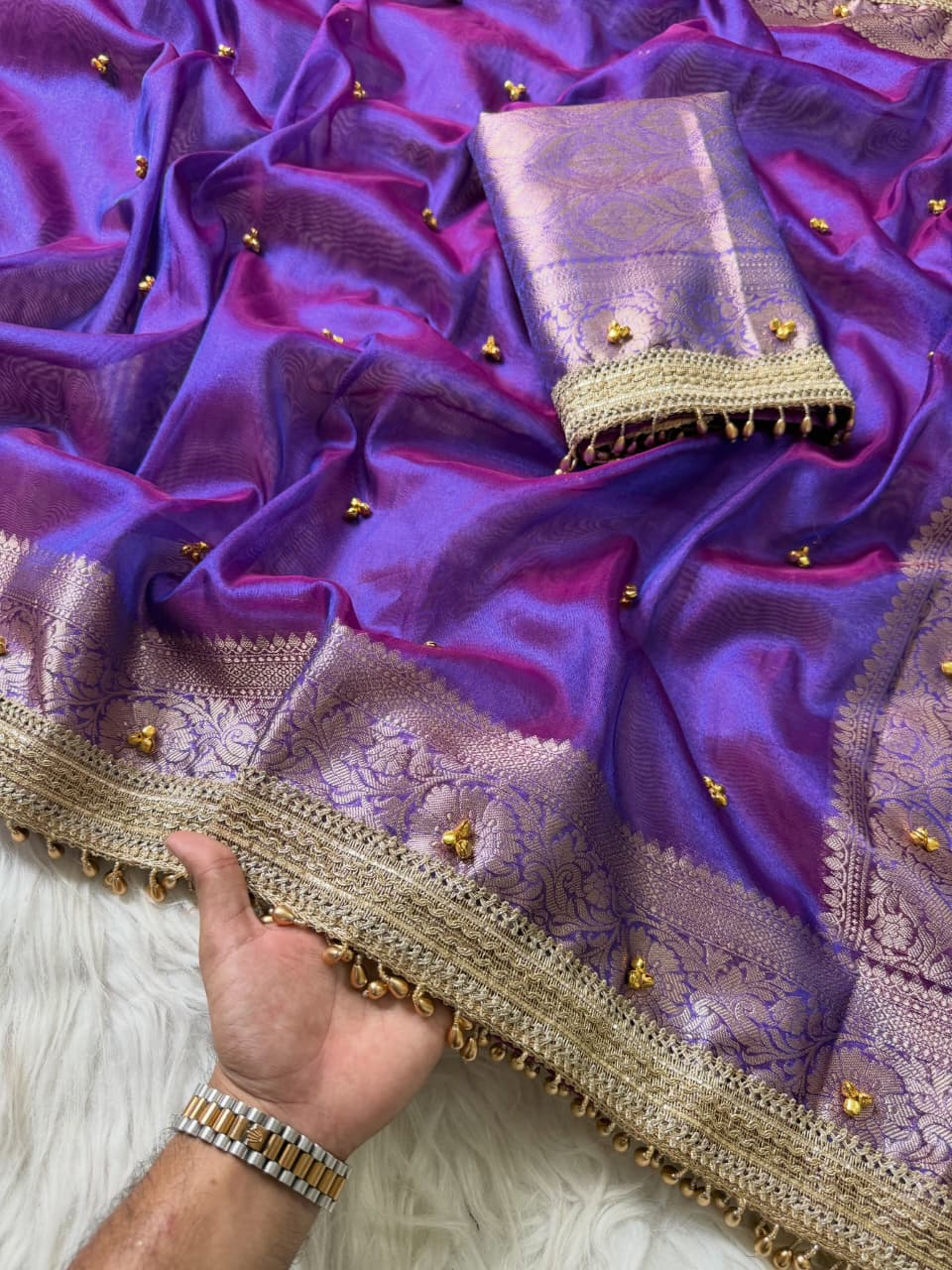 Premium Banarasi Tissue Zari Weaving Saree with Ghungroo Handwork Border