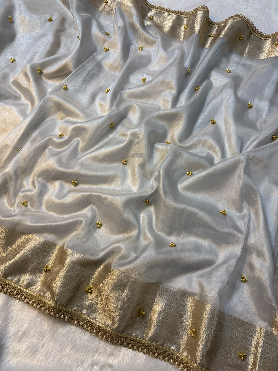 Premium Banarasi Tissue Zari Weaving Saree with Ghungroo Handwork Border