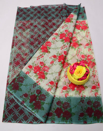 Pure Cotton Kota Doria Kalam Kari Floral Print Sarees