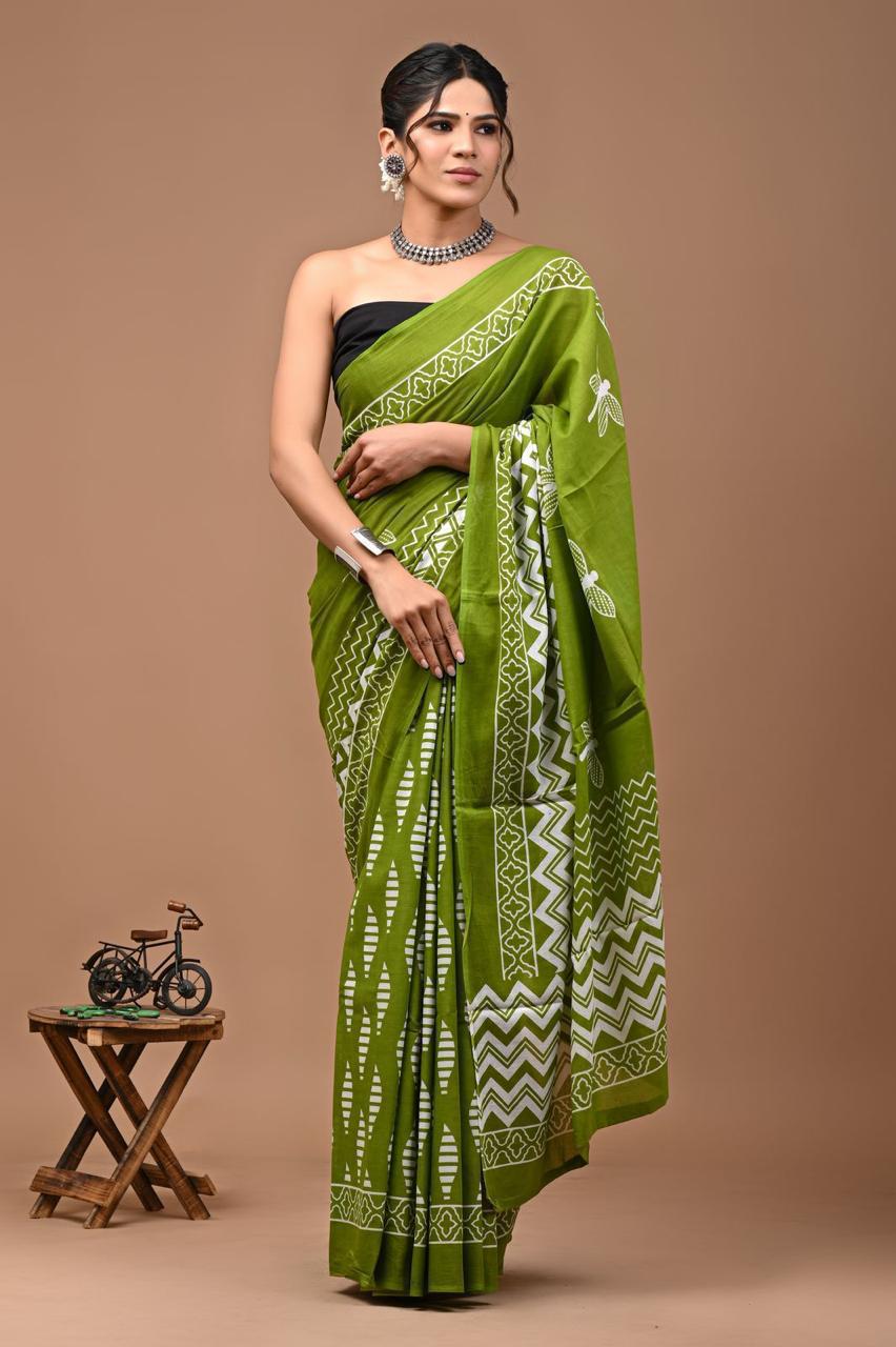 Pure Mulmul Cotton hand block Print Saree with Blouse