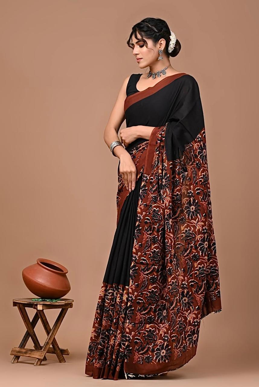 Pure Mulmul Cotton hand block Print Saree with Blouse