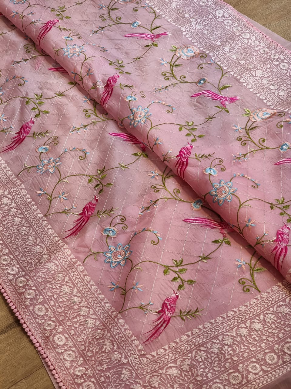 Pure Organza Silk  Parsi Embroidery Work Saree With Heavy Blouse