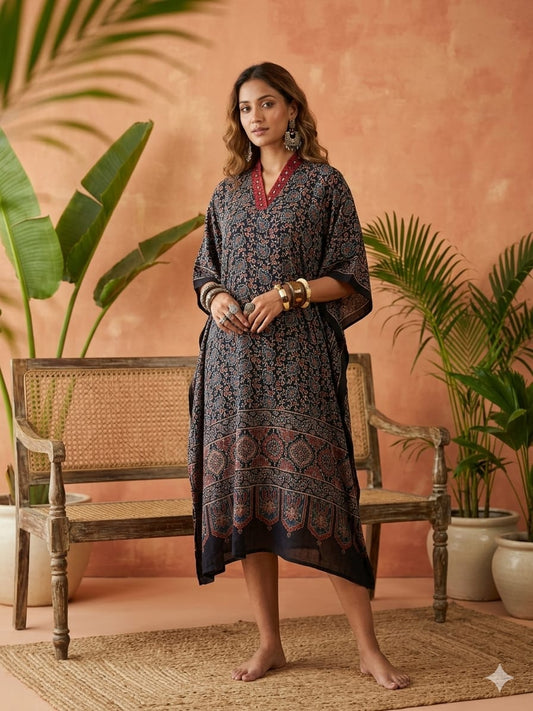 Pure Modal Silk Hand block Printed Kaftans Stitched suit With Hand Mirror Work