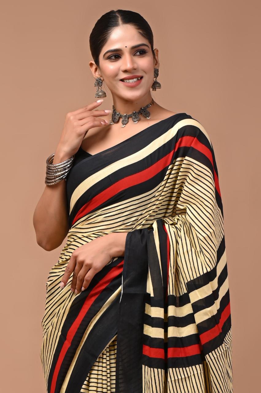 Pure Mulmul Cotton hand block Print Saree with Blouse