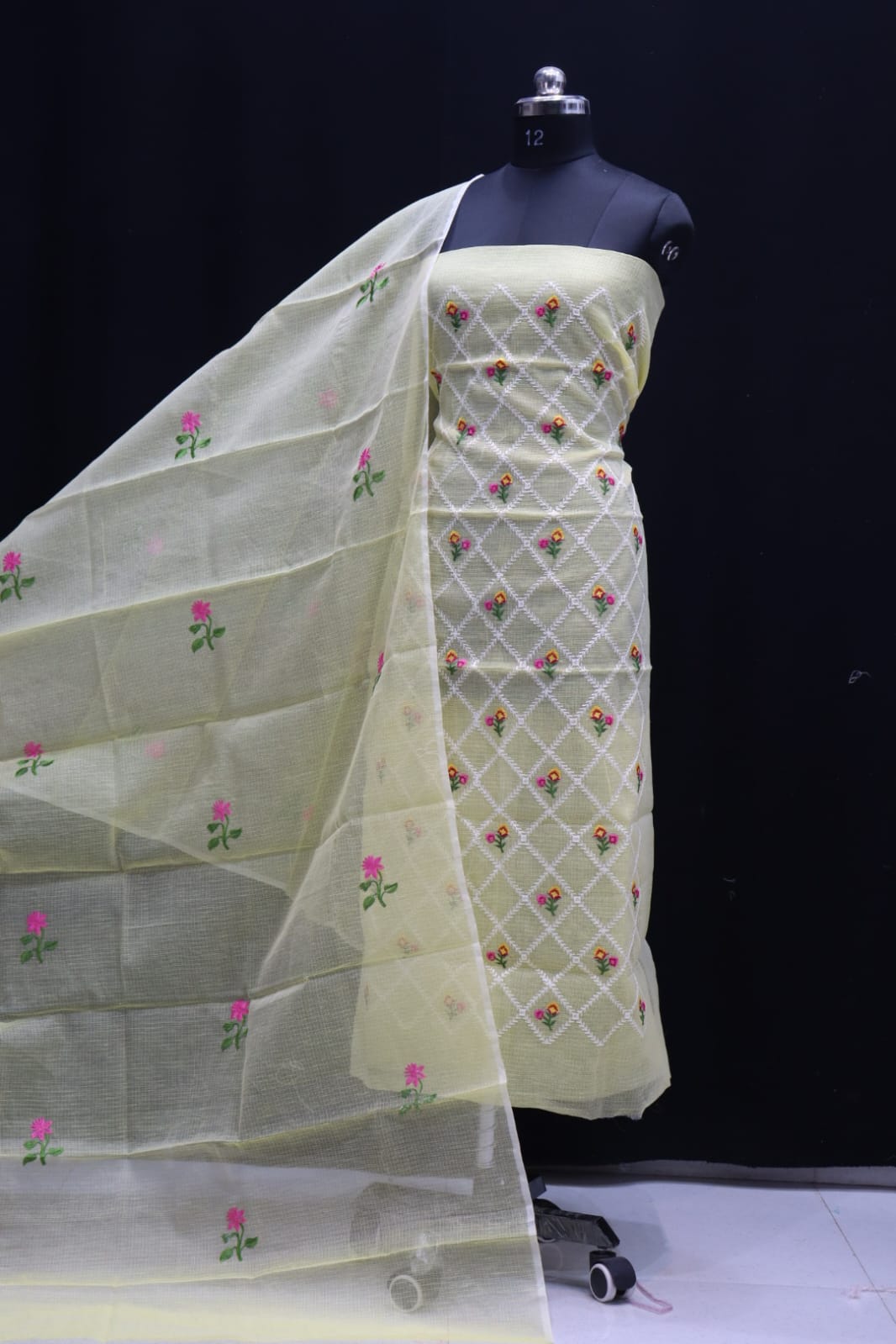 Pure Kota-Doria Unstitched Suit with Embroidery Work