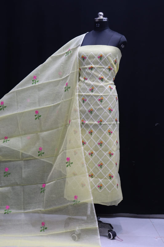 Pure Kota-Doria Unstitched Suit with Embroidery Work
