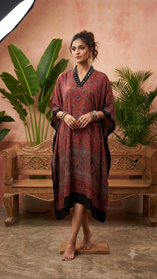 Pure Modal Silk Handblock Printed Kaftans Stitched suit With Hand Mirror Work
