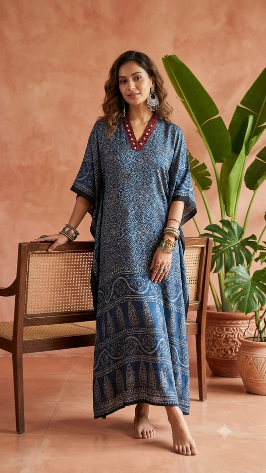 Pure Modal Silk Handblock Printed Kaftans Stitched suit With Hand Mirror Work