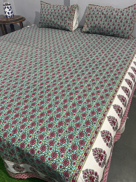 Pure Cotton Hand Block Print Double Bedsheet. ( 90 X 108) with pillow covers