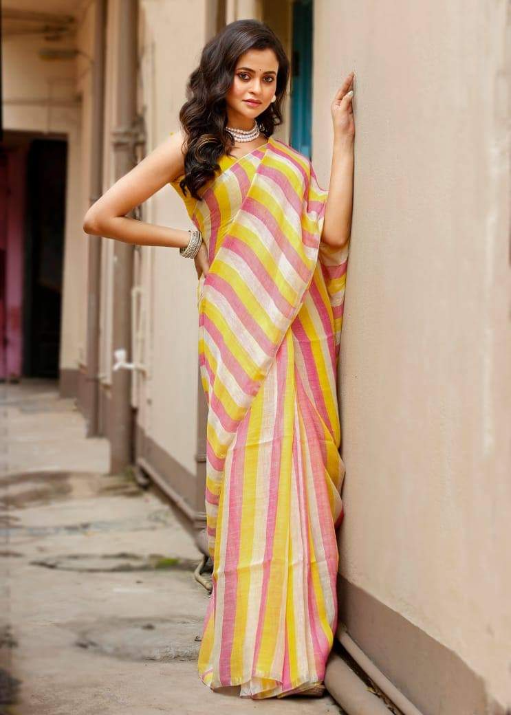 Pure  Linen Silk  Saree With Blouse