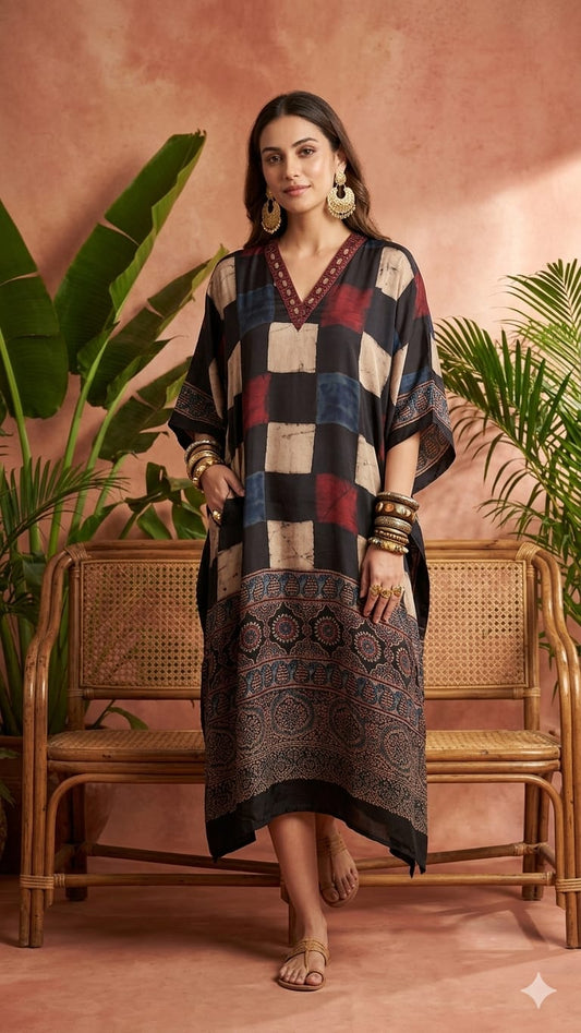 Pure Modal Silk Handblock Printed Kaftans Stitched suit With Hand Mirror Work