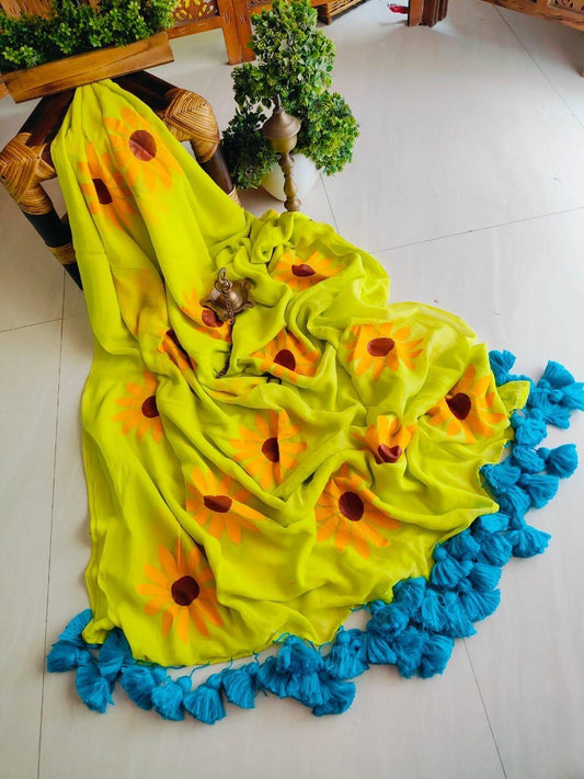 Beautiful Hand-Painted Mulmul Saree