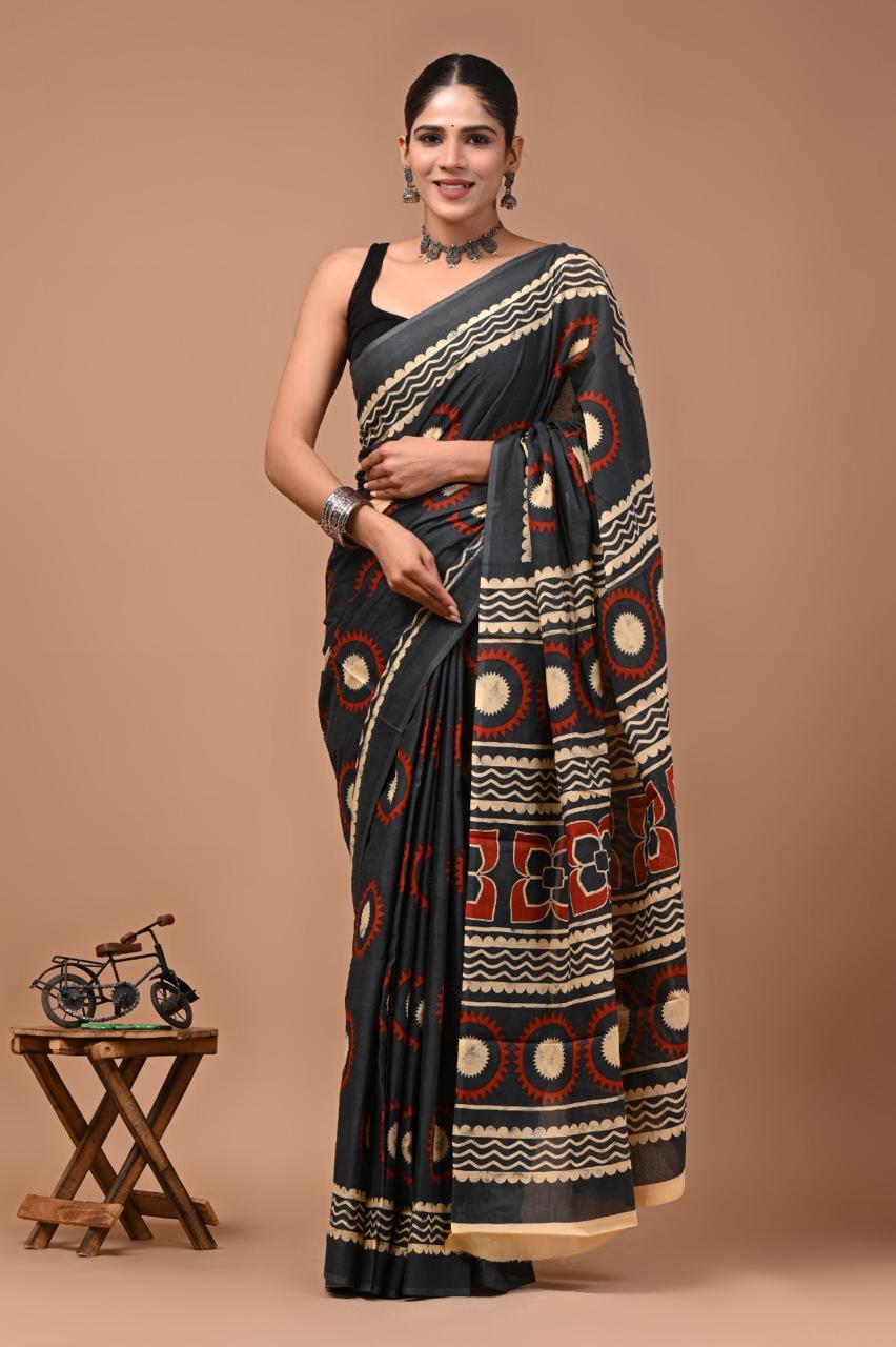 Pure Mulmul Cotton hand block Print Saree with Blouse