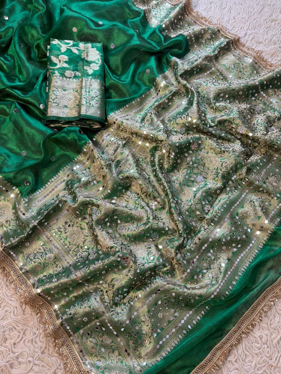 Banarasi Tissue Silk Saree With beautiful  borders with mirror  work